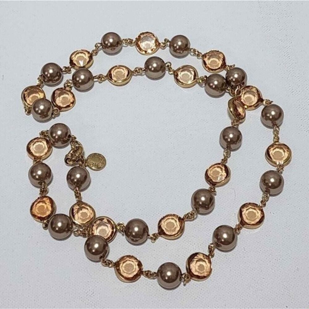 J. Crew Champagne Crystal and Mauve Pearl Gold Tone Long Station Necklace 36in